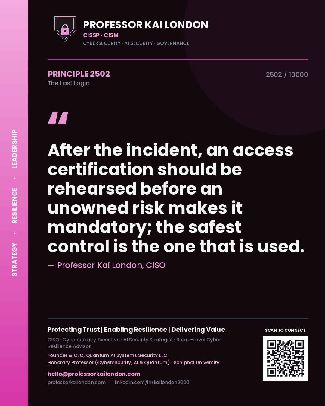 Quote card by Professor Kai London reading 'After the incident, an access certification should be rehearsed before an unowned risk makes it mandatory; the safest control is the one that is used.'. From the book The Last Login.