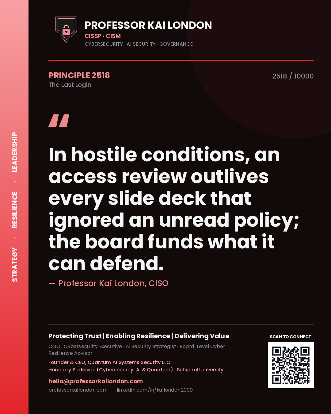 Professor Kai London principle 2518: In hostile conditions, an access review outlives every slide deck that ignored an unread policy; the board funds what it can defend.