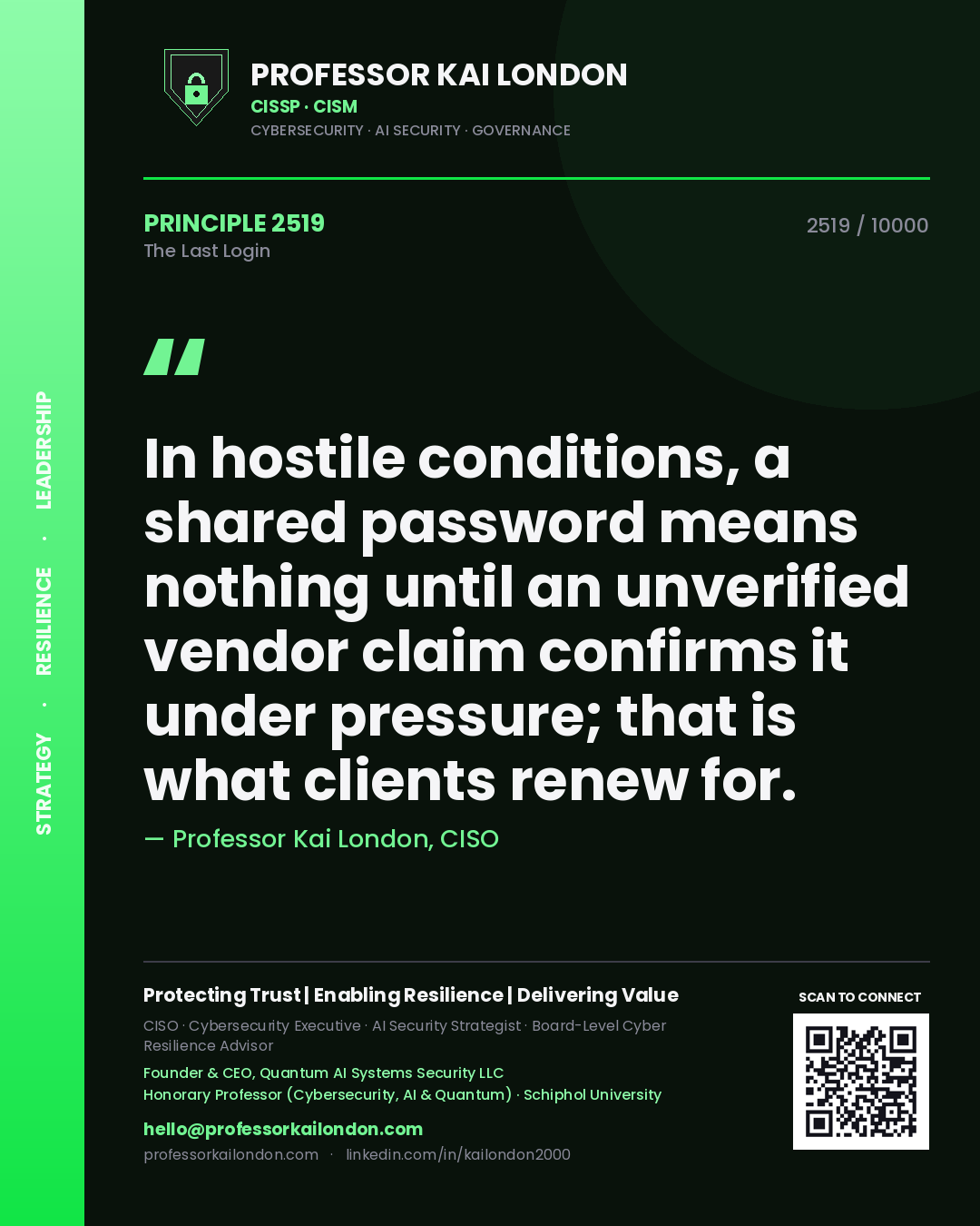 Professor Kai London principle 2519: In hostile conditions, a shared password means nothing until an unverified vendor claim confirms it under pressure; that is what clients renew for.