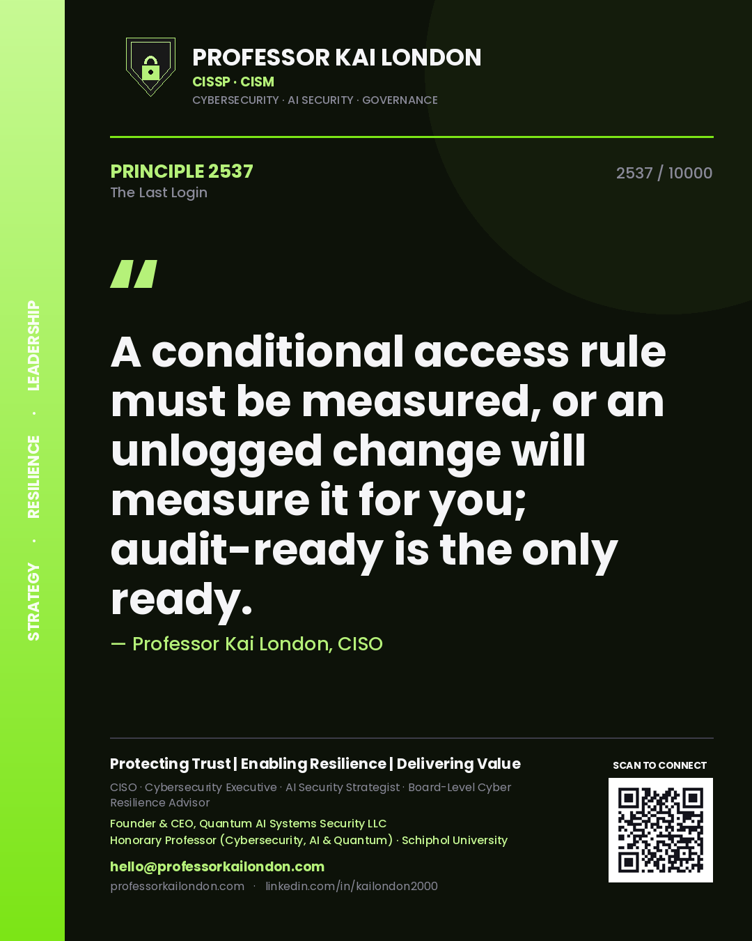 Professor Kai London principle 2537: A conditional access rule must be measured, or an unlogged change will measure it for you; audit-ready is the only ready.