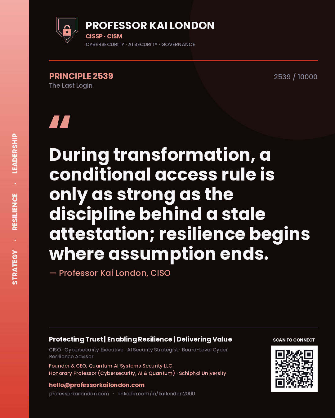 Quote card by Professor Kai London reading 'During transformation, a conditional access rule is only as strong as the discipline behind a stale attestation; resilience begins where assumption ends.'. From the book The Last Login.
