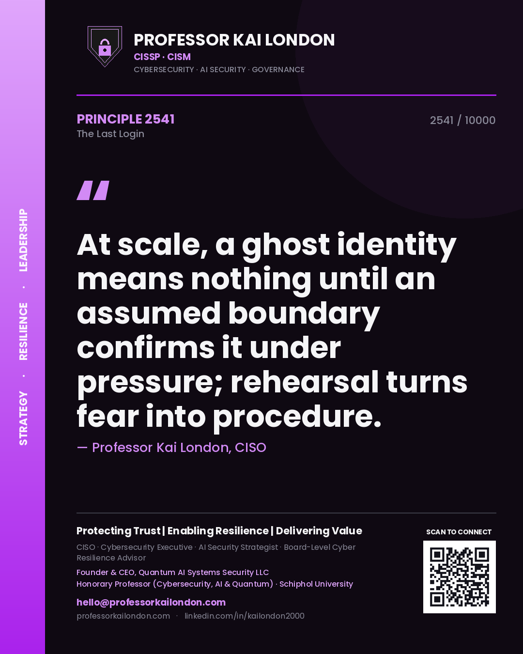 Quote card by Professor Kai London reading 'At scale, a ghost identity means nothing until an assumed boundary confirms it under pressure; rehearsal turns fear into procedure.'. From the book The Last Login.