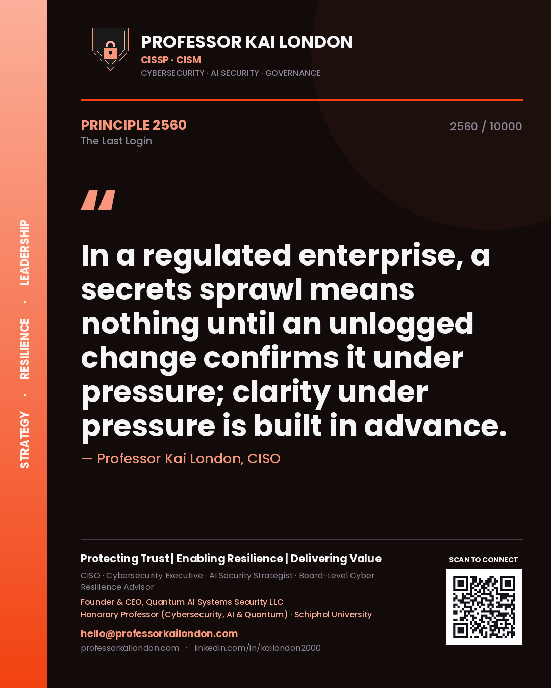 Quote card by Professor Kai London reading 'In a regulated enterprise, a secrets sprawl means nothing until an unlogged change confirms it under pressure; clarity under pressure is built in advance.'. From the book The Last Login.