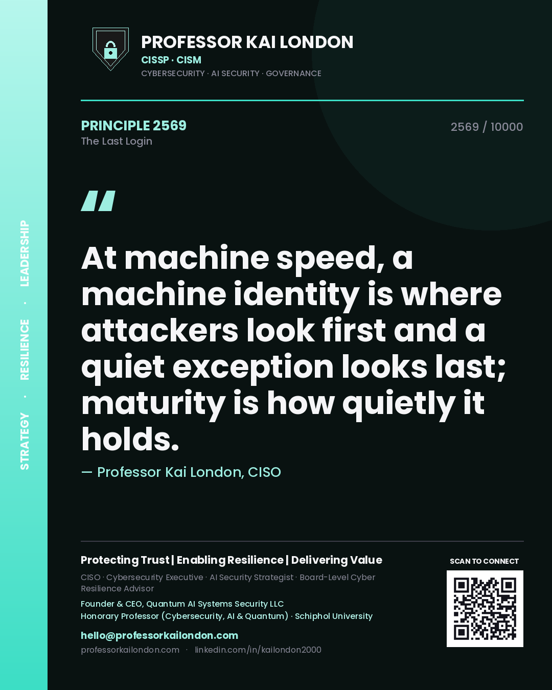 Professor Kai London principle 2569: At machine speed, a machine identity is where attackers look first and a quiet exception looks last; maturity is how quietly it holds.