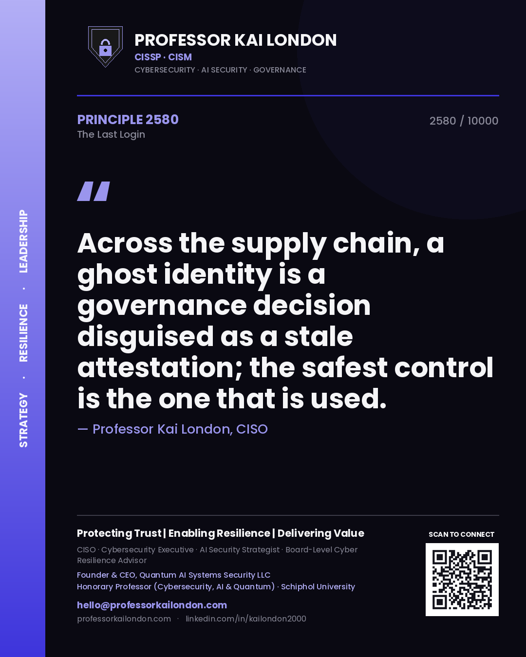 Quote card by Professor Kai London reading 'Across the supply chain, a ghost identity is a governance decision disguised as a stale attestation; the safest control is the one that is used.'. From the book The Last Login.
