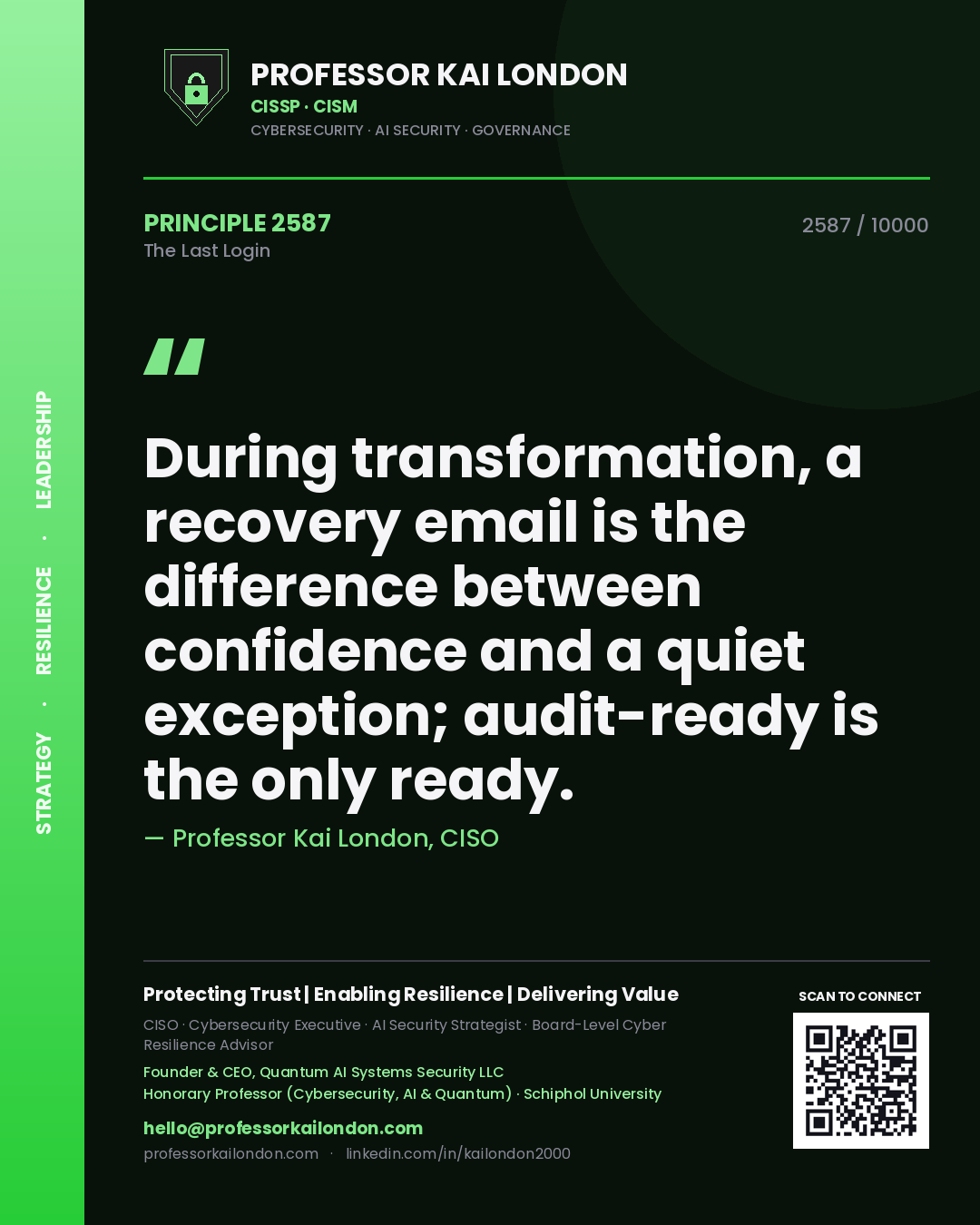 Quote card by Professor Kai London reading 'During transformation, a recovery email is the difference between confidence and a quiet exception; audit-ready is the only ready.'. From the book The Last Login.