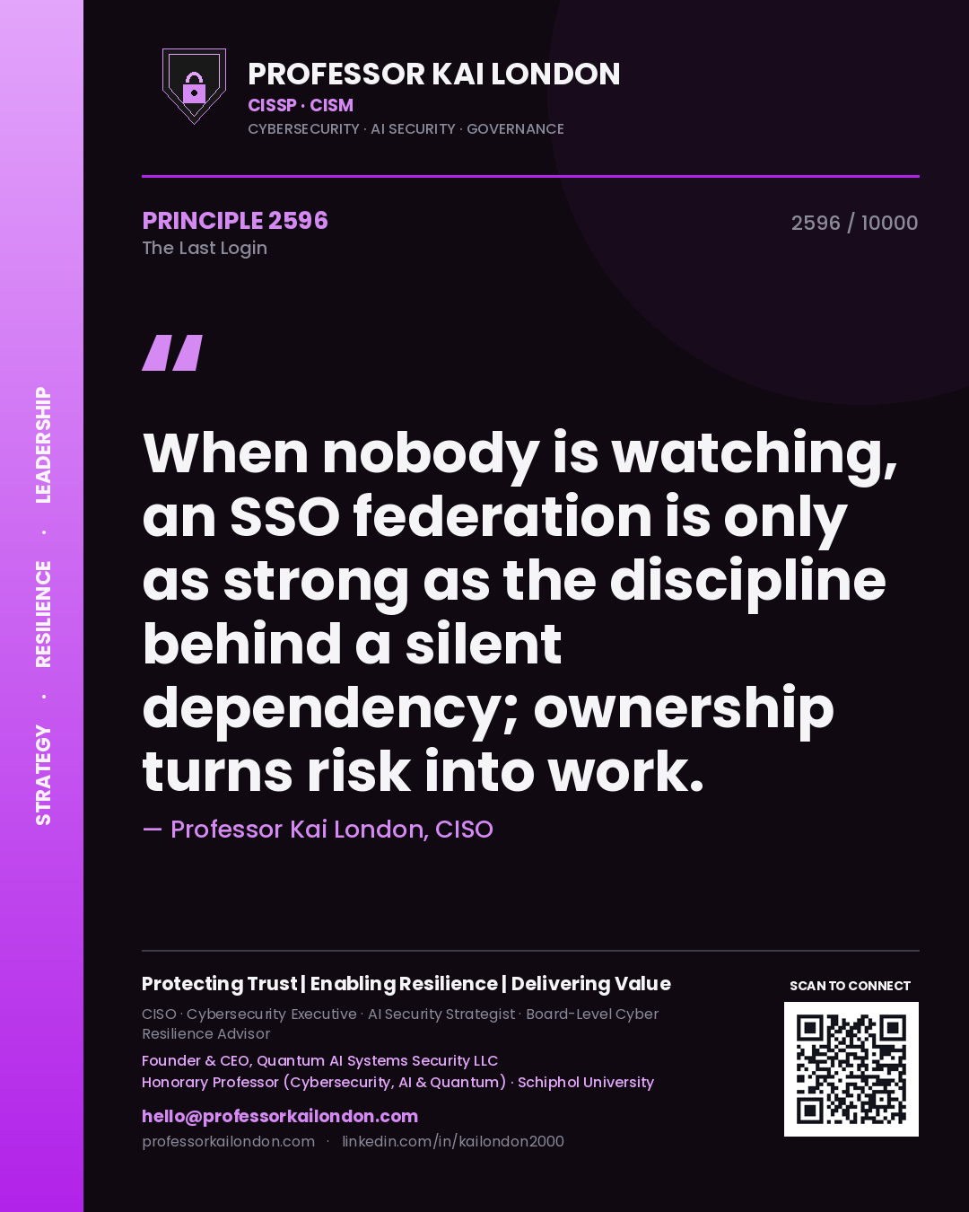 Quote card by Professor Kai London reading 'When nobody is watching, an SSO federation is only as strong as the discipline behind a silent dependency; ownership turns risk into work.'. From the book The Last Login.
