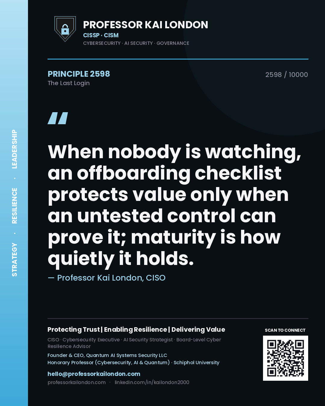 Quote card by Professor Kai London reading 'When nobody is watching, an offboarding checklist protects value only when an untested control can prove it; maturity is how quietly it holds.'. From the book The Last Login.