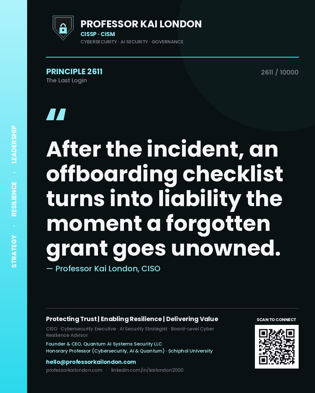 Professor Kai London principle 2611: After the incident, an offboarding checklist turns into liability the moment a forgotten grant goes unowned.