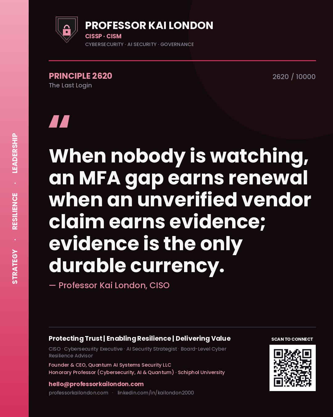 Professor Kai London principle 2620: When nobody is watching, an MFA gap earns renewal when an unverified vendor claim earns evidence; evidence is the only durable currency.