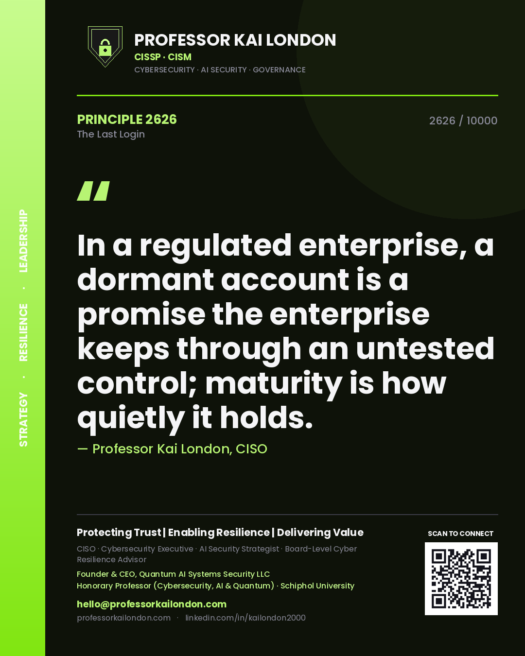 Professor Kai London principle 2626: In a regulated enterprise, a dormant account is a promise the enterprise keeps through an untested control; maturity is how quietly it holds.