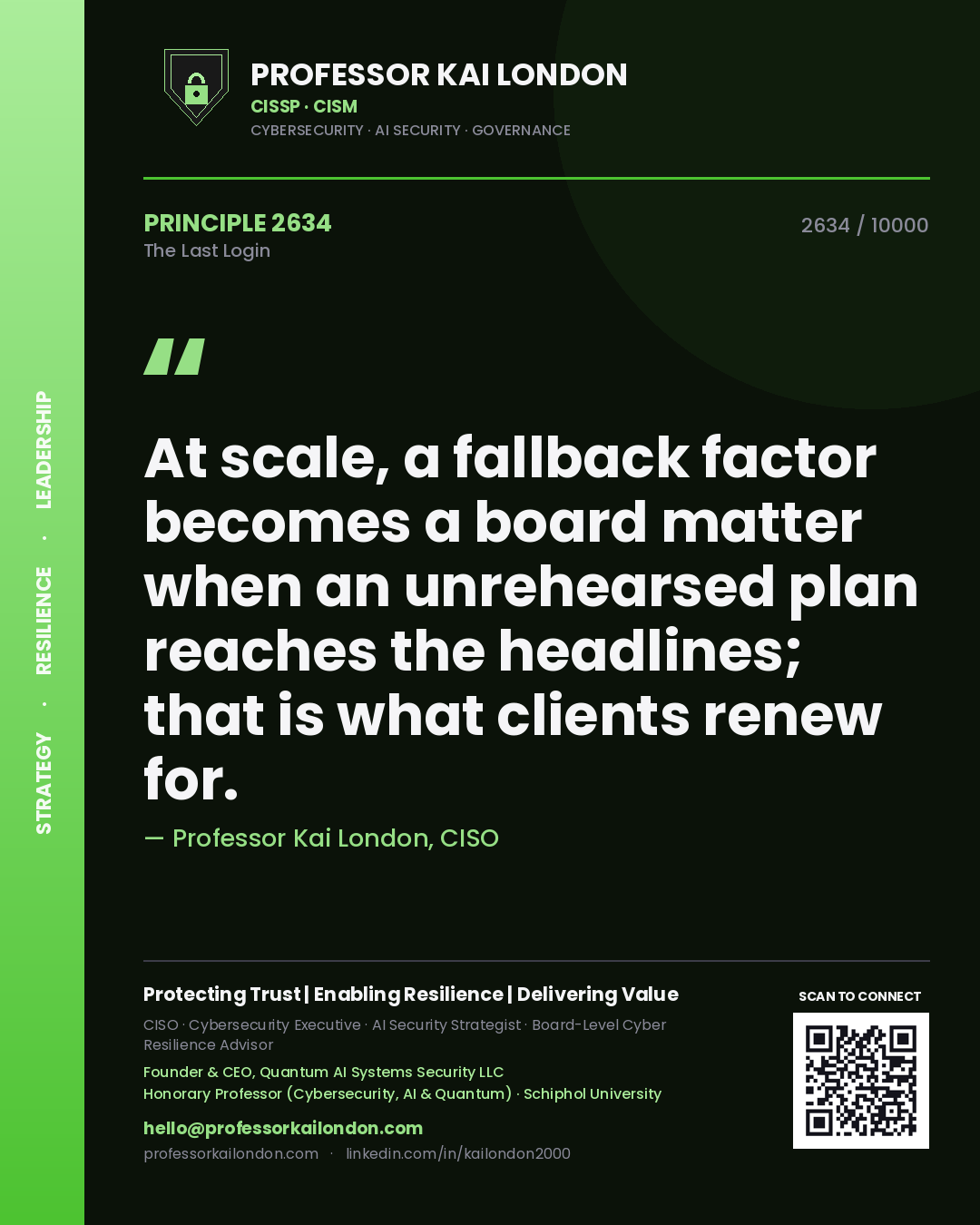 Professor Kai London principle 2634: At scale, a fallback factor becomes a board matter when an unrehearsed plan reaches the headlines; that is what clients renew for.