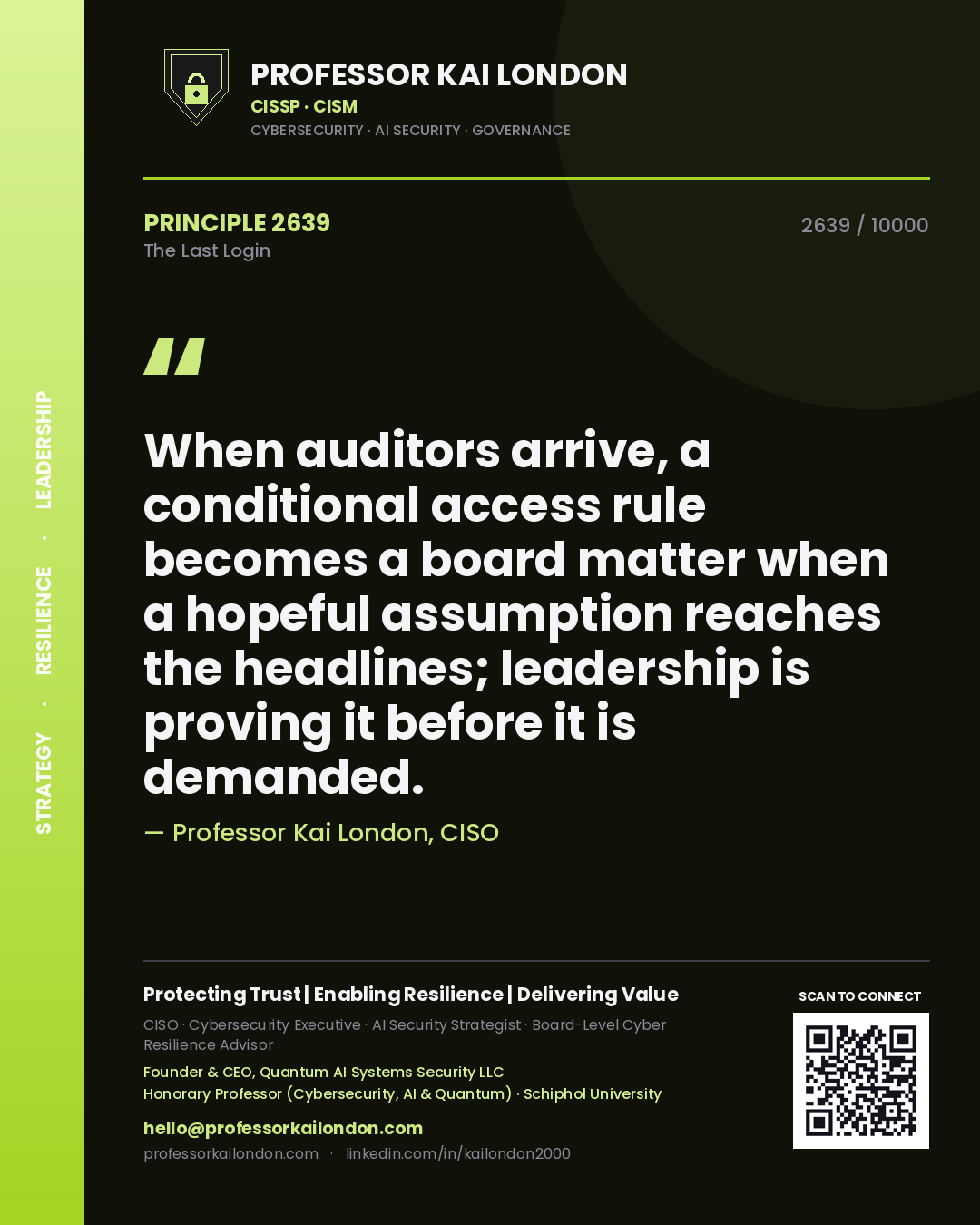 Professor Kai London principle 2639: When auditors arrive, a conditional access rule becomes a board matter when a hopeful assumption reaches the headlines; leadership is proving it before it is demanded.