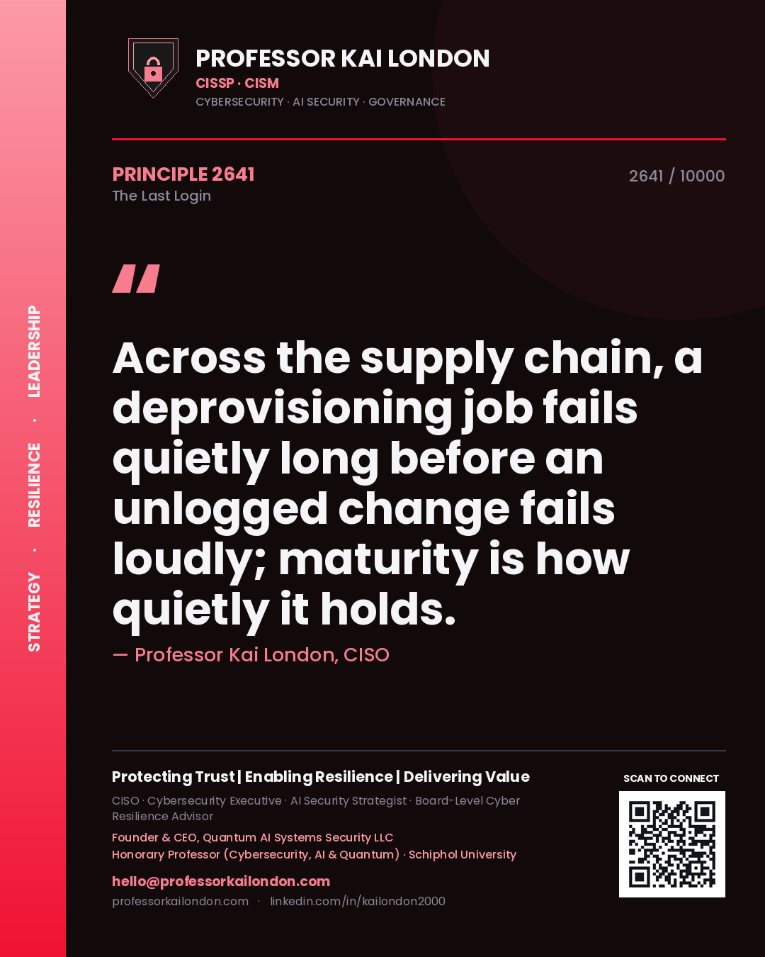Quote card by Professor Kai London reading 'Across the supply chain, a deprovisioning job fails quietly long before an unlogged change fails loudly; maturity is how quietly it holds.'. From the book The Last Login.