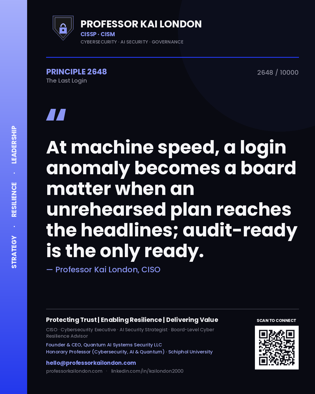 Quote card by Professor Kai London reading 'At machine speed, a login anomaly becomes a board matter when an unrehearsed plan reaches the headlines; audit-ready is the only ready.'. From the book The Last Login.