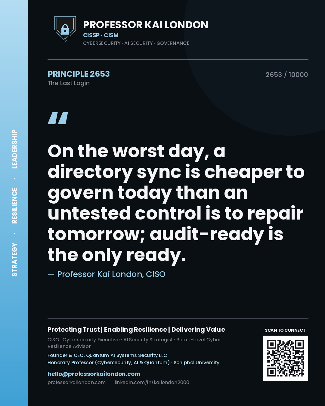 Quote card by Professor Kai London reading 'On the worst day, a directory sync is cheaper to govern today than an untested control is to repair tomorrow; audit-ready is the only ready.'. From the book The Last Login.