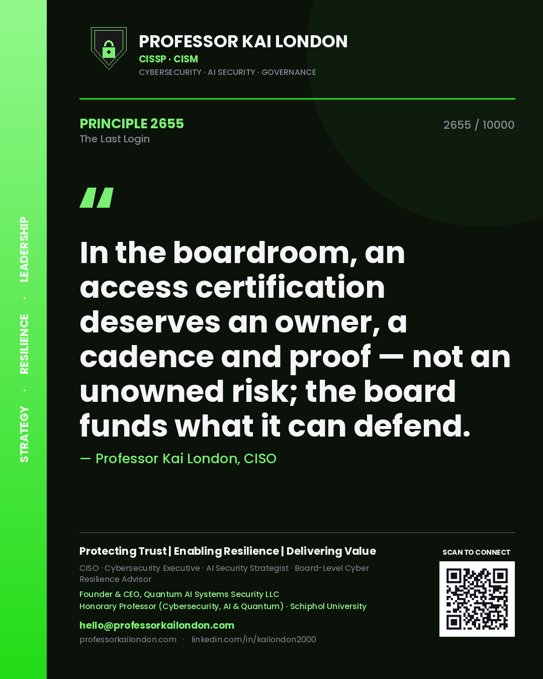 Professor Kai London principle 2655: In the boardroom, an access certification deserves an owner, a cadence and proof — not an unowned risk; the board funds what it can defend.