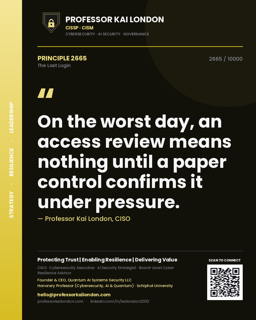 Quote card by Professor Kai London reading 'On the worst day, an access review means nothing until a paper control confirms it under pressure.'. From the book The Last Login.