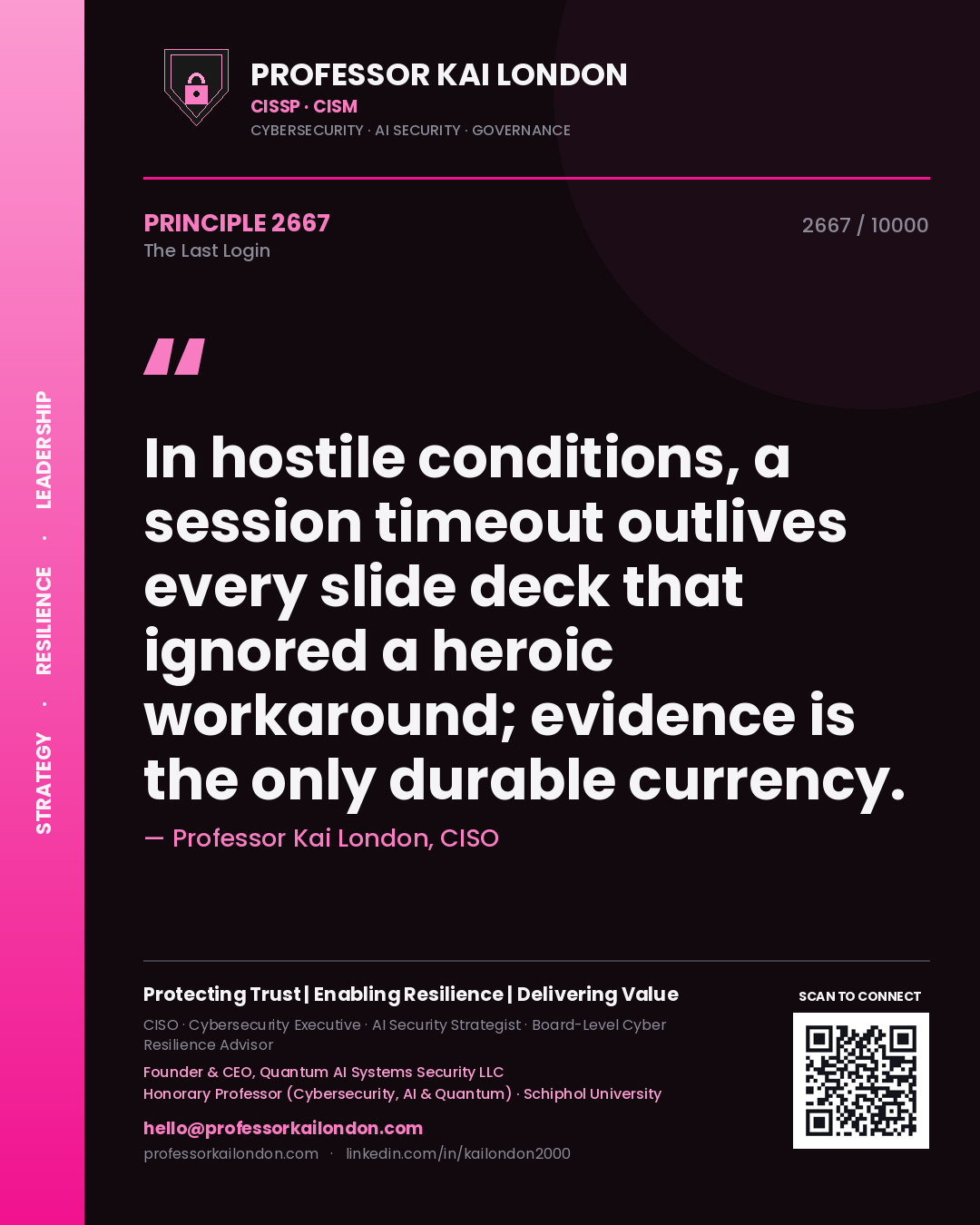 Professor Kai London principle 2667: In hostile conditions, a session timeout outlives every slide deck that ignored a heroic workaround; evidence is the only durable currency.