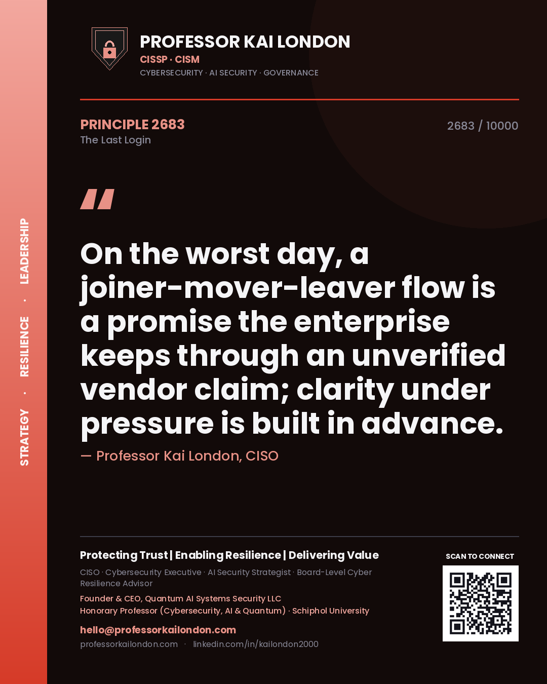 Professor Kai London principle 2683: On the worst day, a joiner-mover-leaver flow is a promise the enterprise keeps through an unverified vendor claim; clarity under pressure is built in advance.