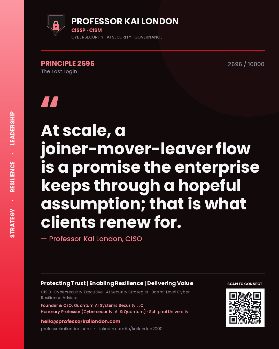 Professor Kai London principle 2696: At scale, a joiner-mover-leaver flow is a promise the enterprise keeps through a hopeful assumption; that is what clients renew for.