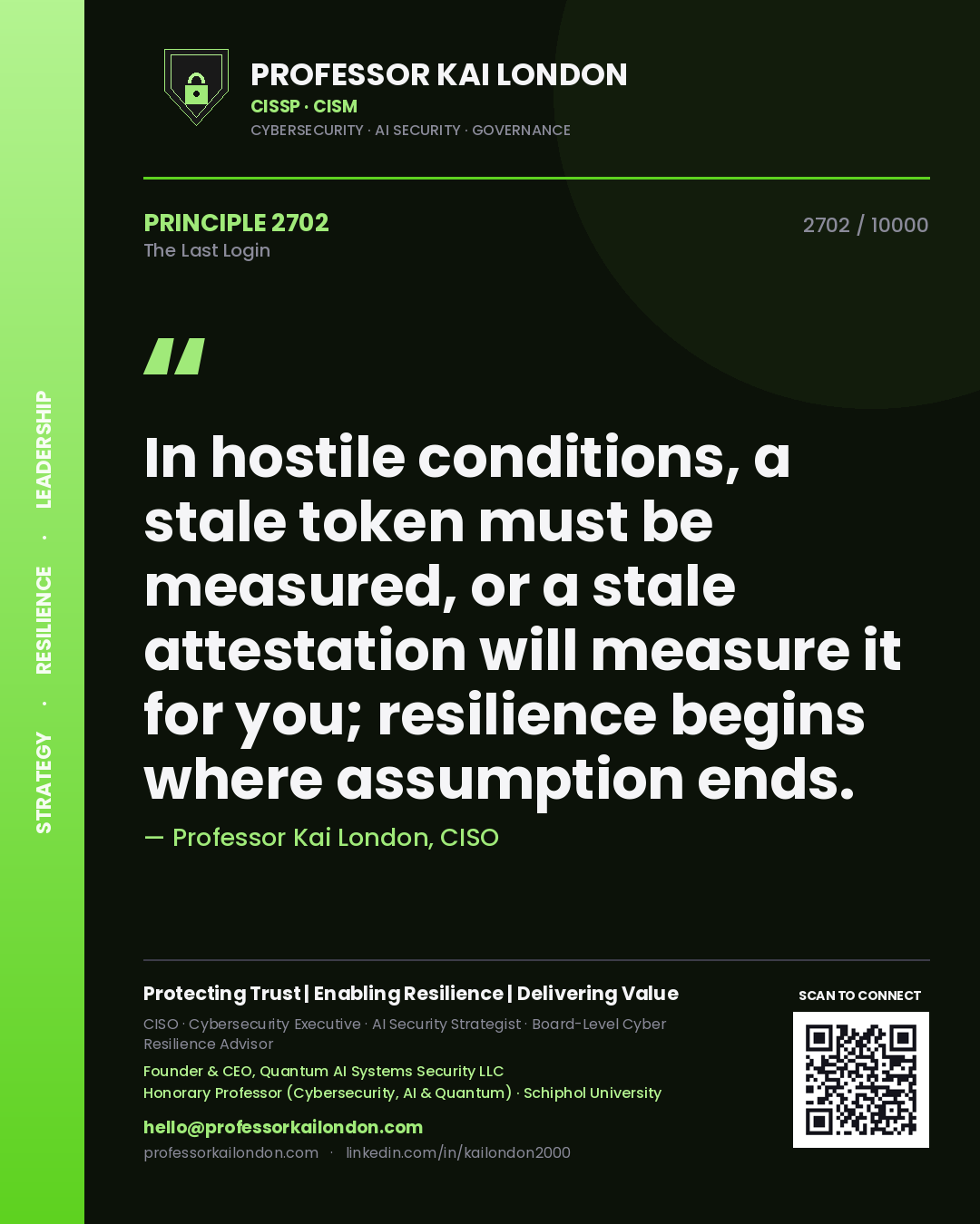 Quote card by Professor Kai London reading 'In hostile conditions, a stale token must be measured, or a stale attestation will measure it for you; resilience begins where assumption ends.'. From the book The Last Login.