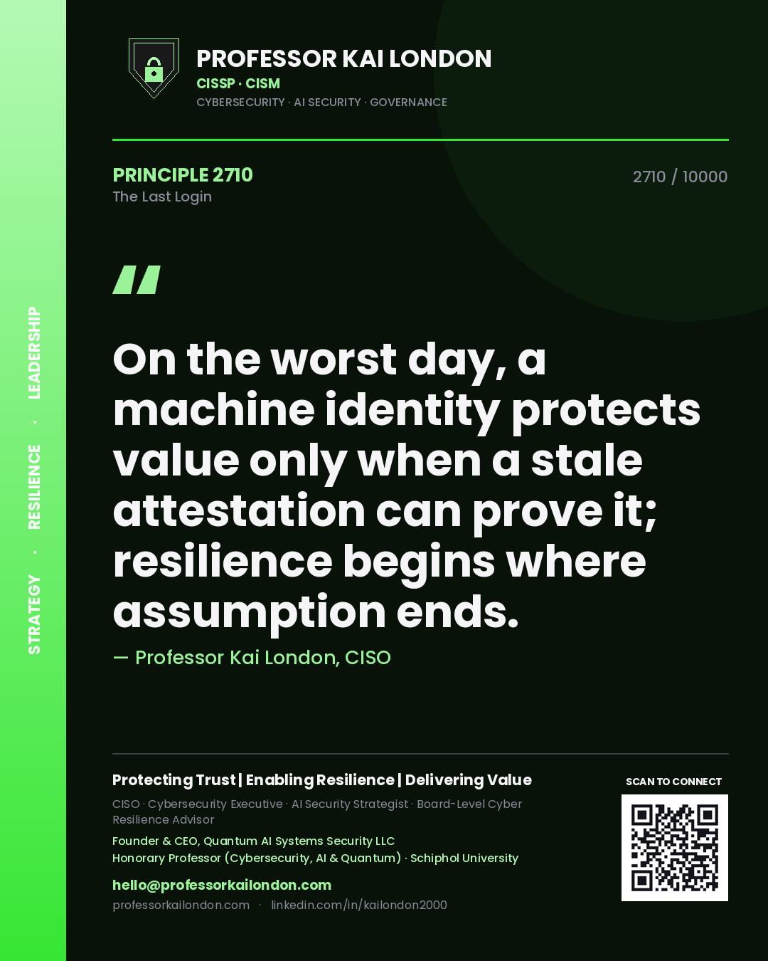 Quote card by Professor Kai London reading 'On the worst day, a machine identity protects value only when a stale attestation can prove it; resilience begins where assumption ends.'. From the book The Last Login.