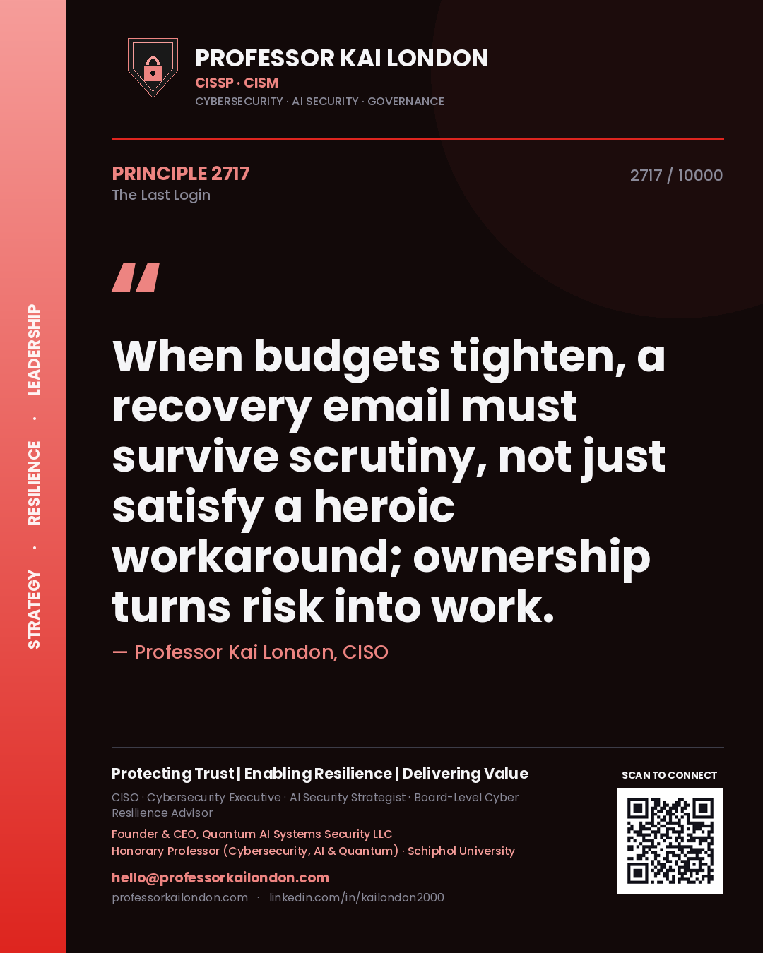 Quote card by Professor Kai London reading 'When budgets tighten, a recovery email must survive scrutiny, not just satisfy a heroic workaround; ownership turns risk into work.'. From the book The Last Login.