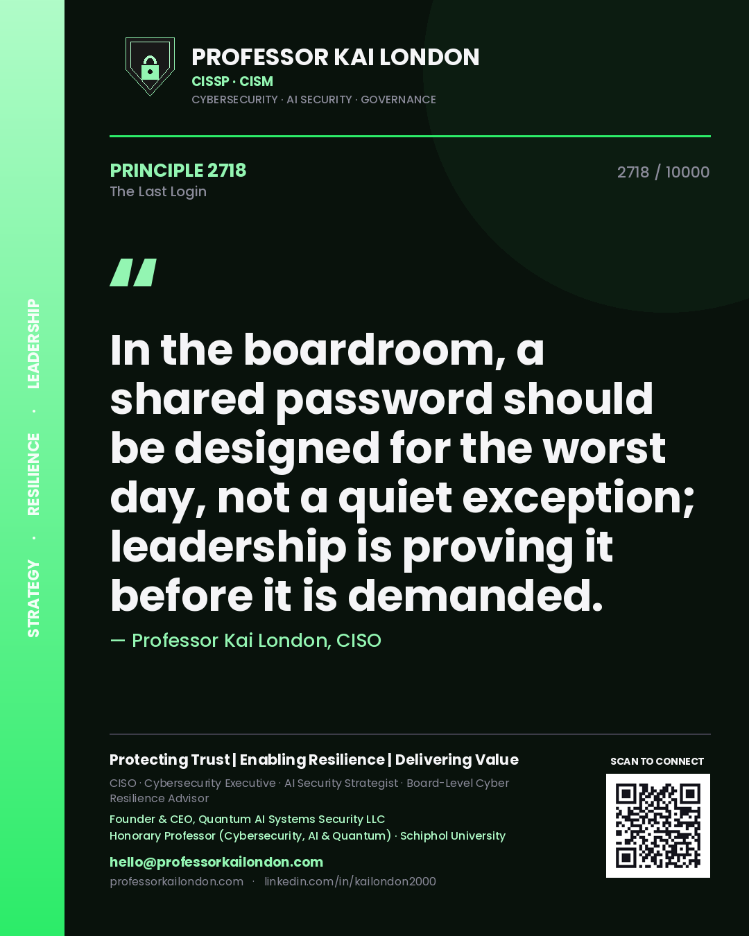 Quote card by Professor Kai London reading 'In the boardroom, a shared password should be designed for the worst day, not a quiet exception; leadership is proving it before it is demanded.'. From the book The Last Login.