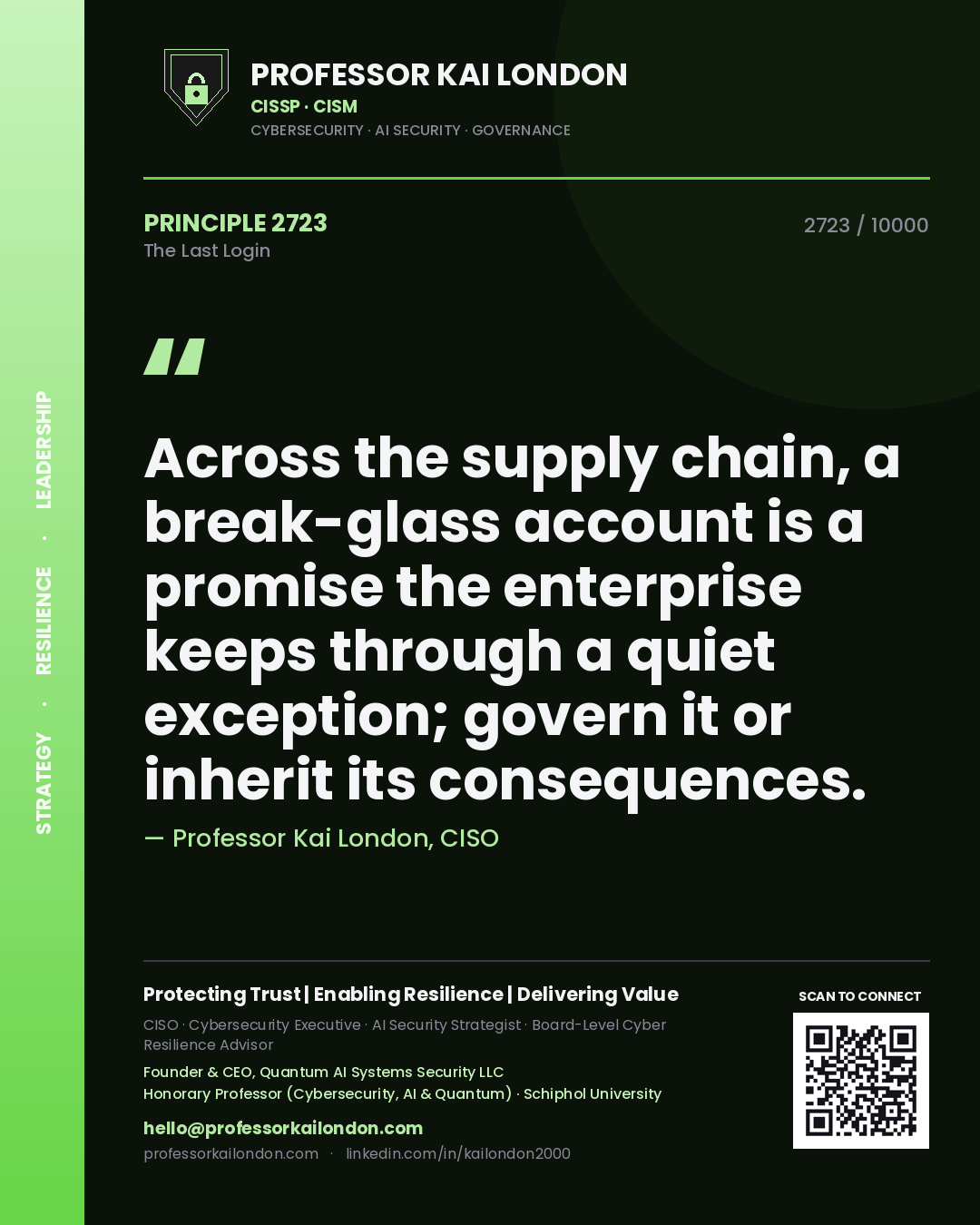 Professor Kai London principle 2723: Across the supply chain, a break-glass account is a promise the enterprise keeps through a quiet exception; govern it or inherit its consequences.