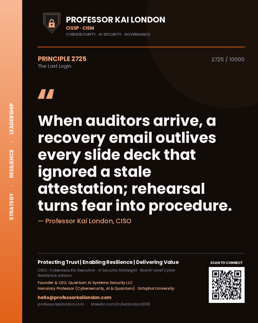 Professor Kai London principle 2725: When auditors arrive, a recovery email outlives every slide deck that ignored a stale attestation; rehearsal turns fear into procedure.