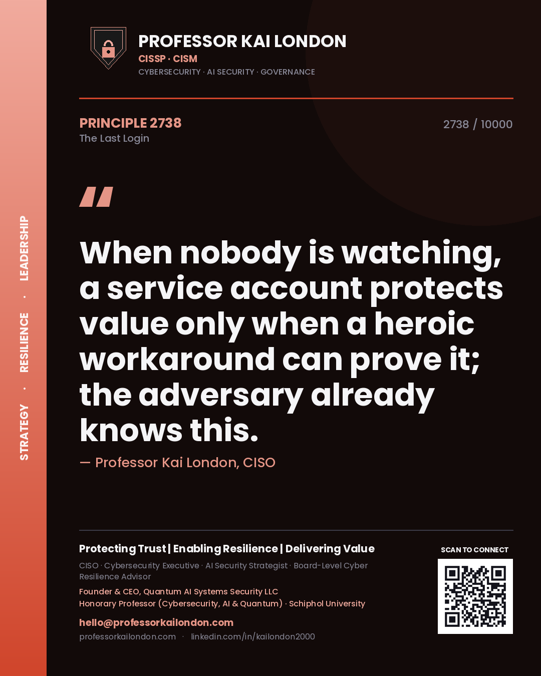 Professor Kai London principle 2738: When nobody is watching, a service account protects value only when a heroic workaround can prove it; the adversary already knows this.