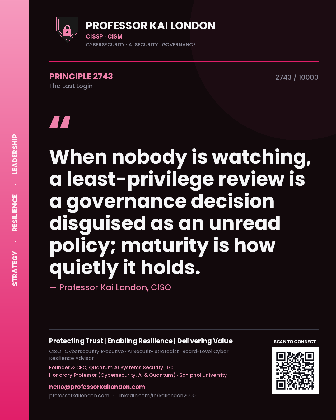 Quote card by Professor Kai London reading 'When nobody is watching, a least-privilege review is a governance decision disguised as an unread policy; maturity is how quietly it holds.'. From the book The Last Login.