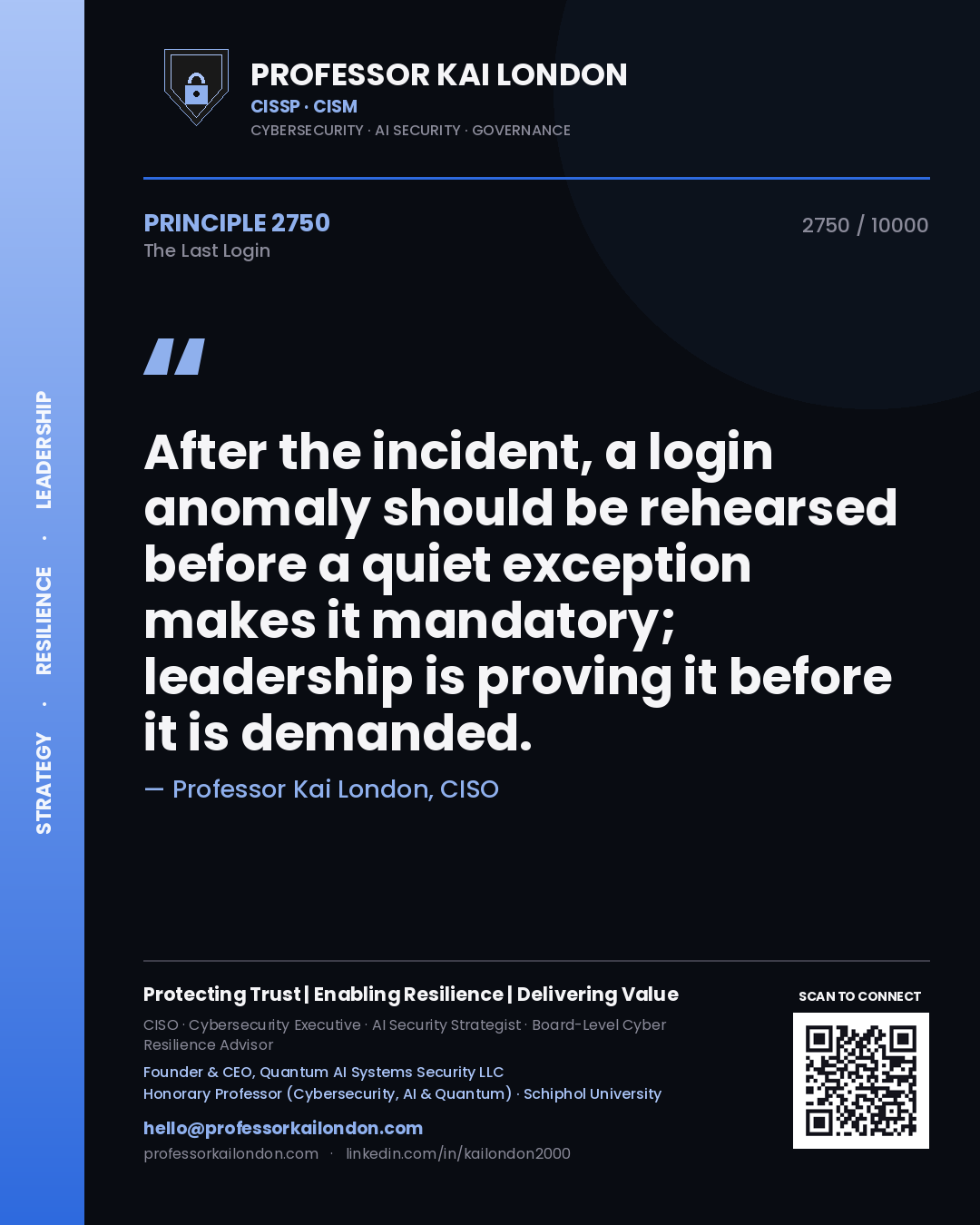 Quote card by Professor Kai London reading 'After the incident, a login anomaly should be rehearsed before a quiet exception makes it mandatory; leadership is proving it before it is demanded.'. From the book The Last Login.