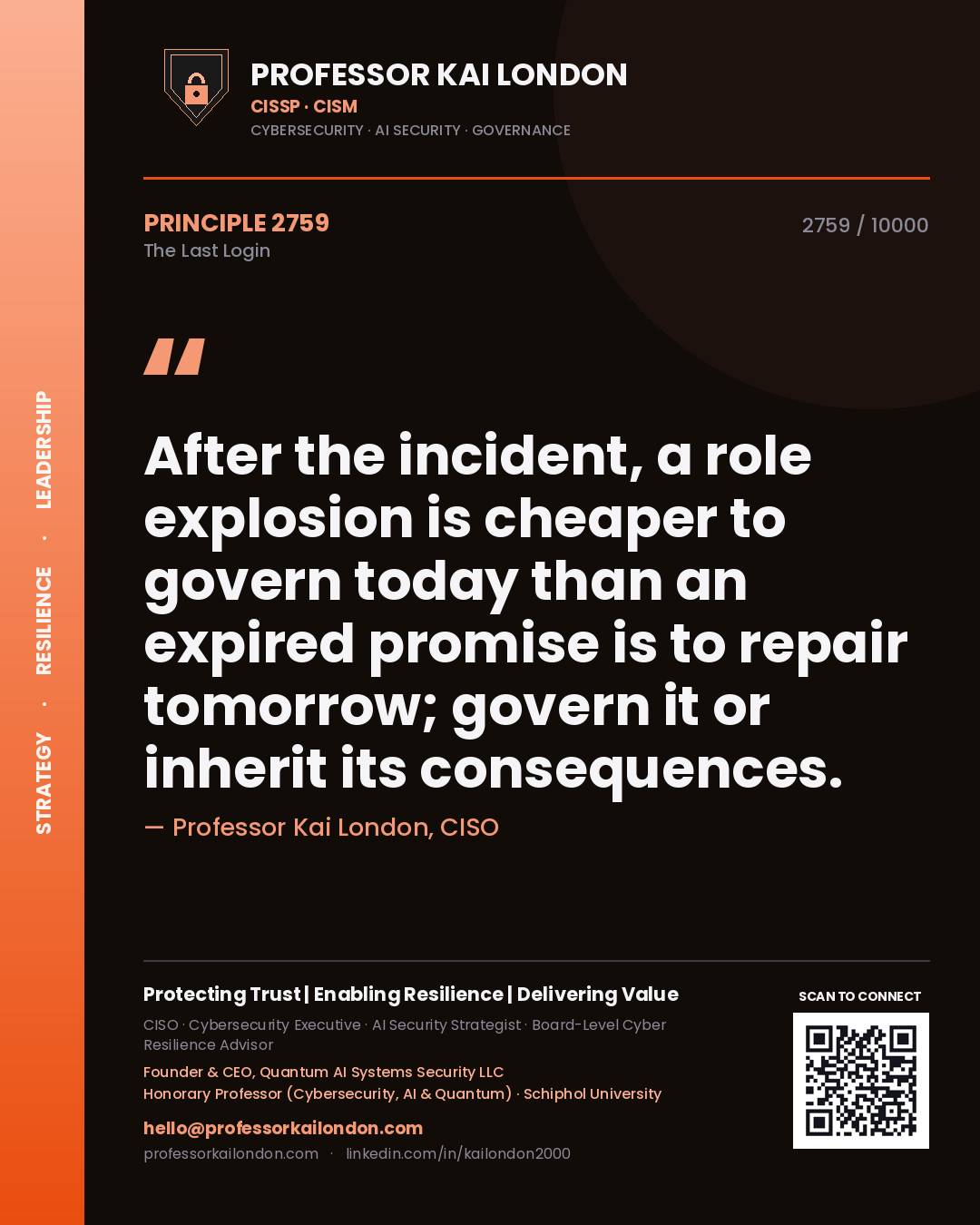 Quote card by Professor Kai London reading 'After the incident, a role explosion is cheaper to govern today than an expired promise is to repair tomorrow; govern it or inherit its consequences.'. From the book The Last Login.