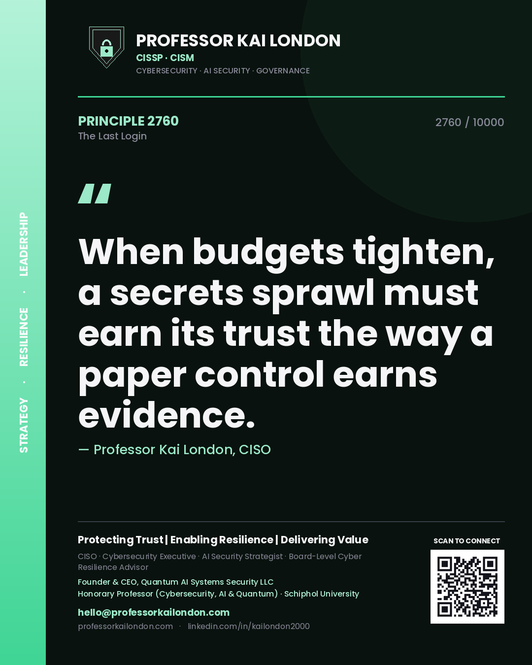 Quote card by Professor Kai London reading 'When budgets tighten, a secrets sprawl must earn its trust the way a paper control earns evidence.'. From the book The Last Login.