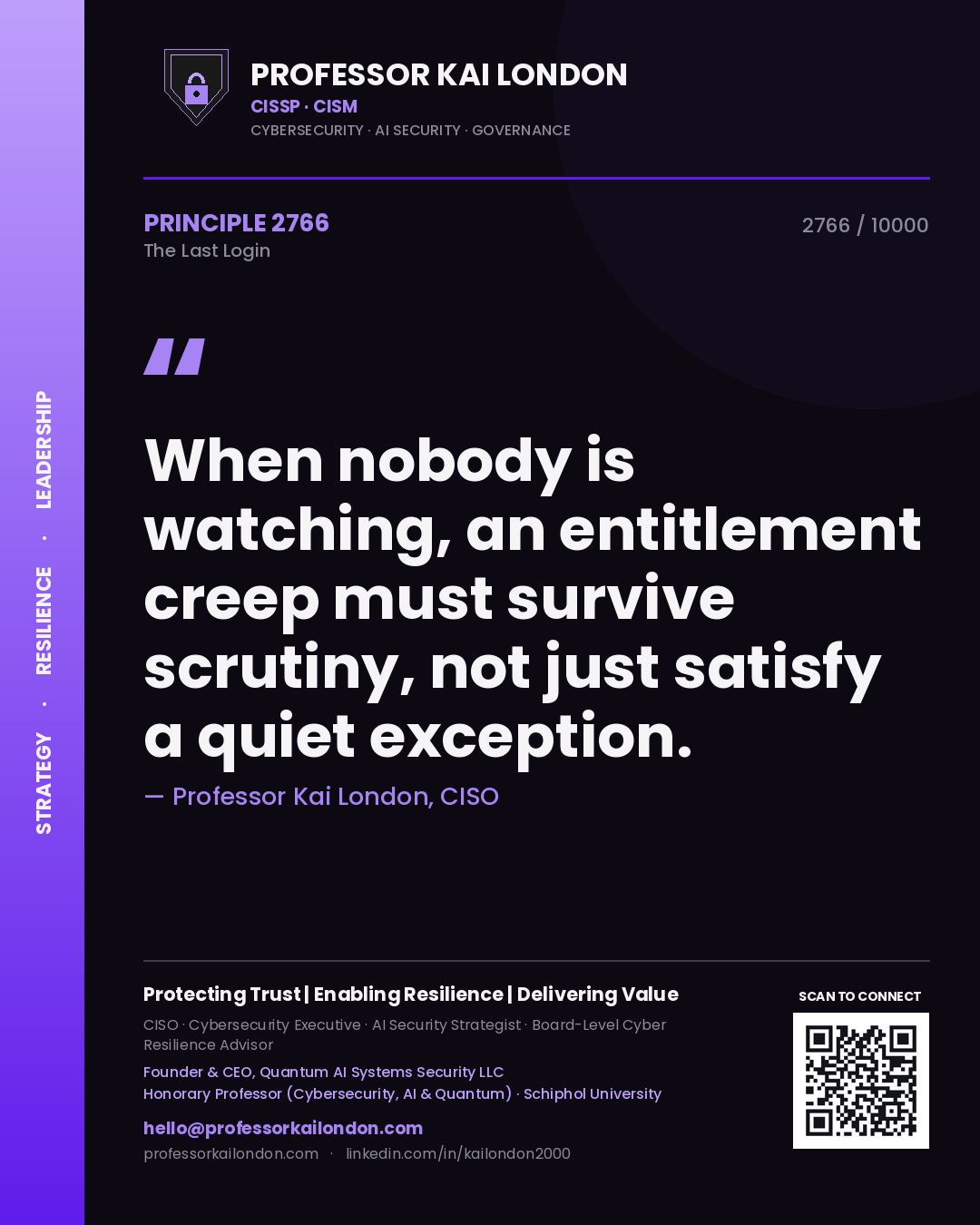 Quote card by Professor Kai London reading 'When nobody is watching, an entitlement creep must survive scrutiny, not just satisfy a quiet exception.'. From the book The Last Login.