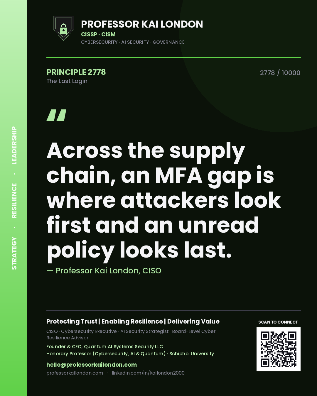 Quote card by Professor Kai London reading 'Across the supply chain, an MFA gap is where attackers look first and an unread policy looks last.'. From the book The Last Login.