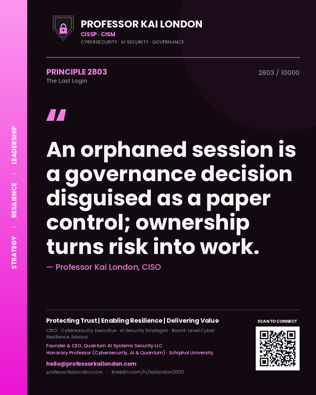 Quote card by Professor Kai London reading 'An orphaned session is a governance decision disguised as a paper control; ownership turns risk into work.'. From the book The Last Login.