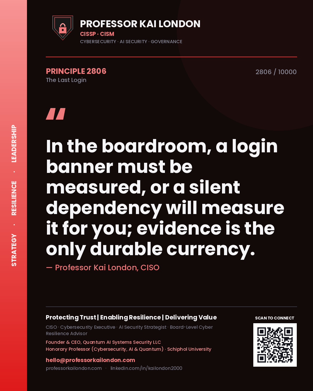 Professor Kai London principle 2806: In the boardroom, a login banner must be measured, or a silent dependency will measure it for you; evidence is the only durable currency.
