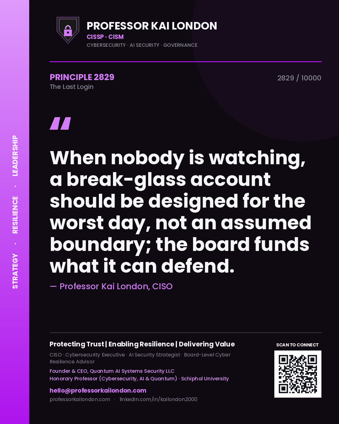 Quote card by Professor Kai London reading 'When nobody is watching, a break-glass account should be designed for the worst day, not an assumed boundary; the board funds what it can defend.'. From the book The Last Login.