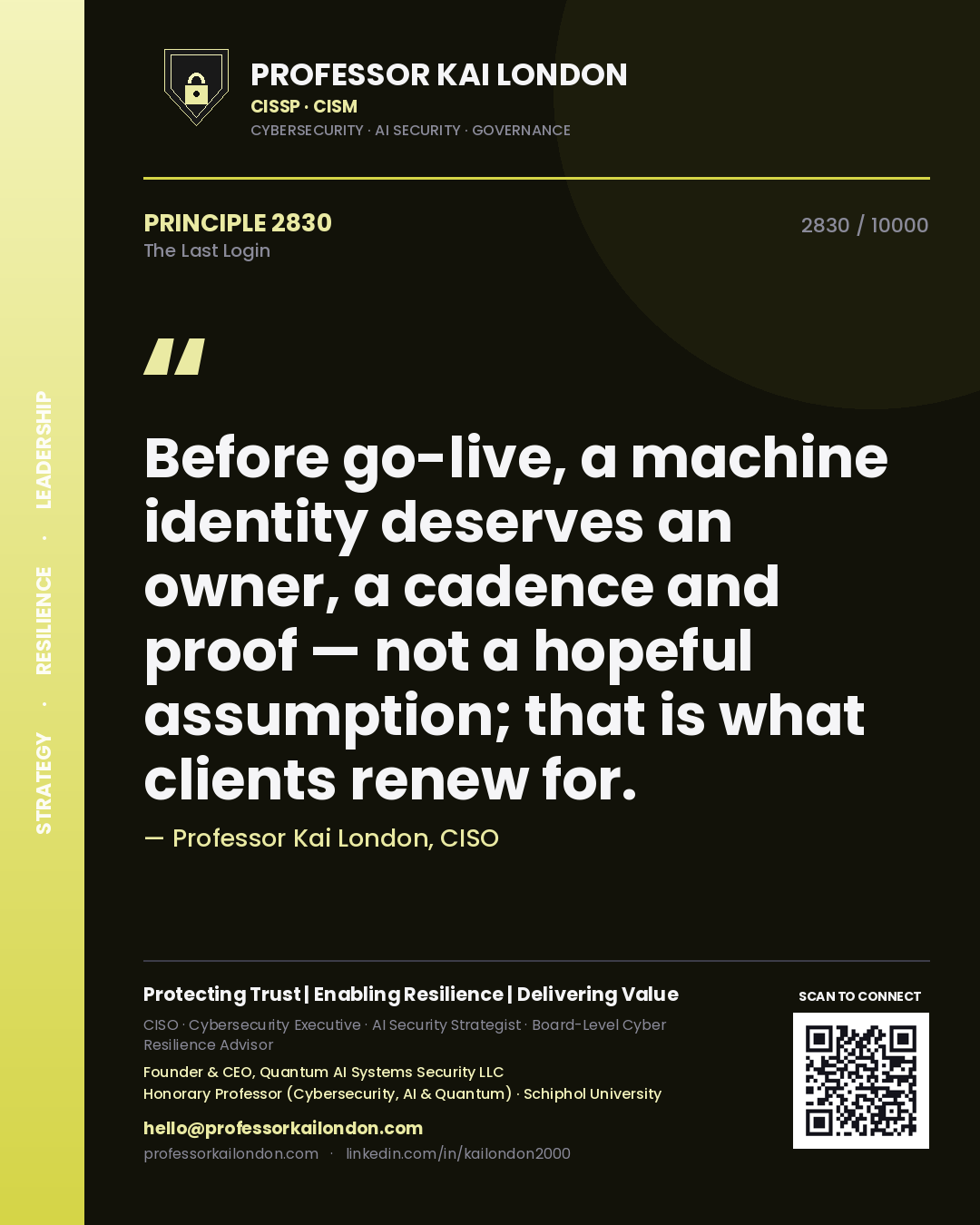 Professor Kai London principle 2830: Before go-live, a machine identity deserves an owner, a cadence and proof — not a hopeful assumption; that is what clients renew for.