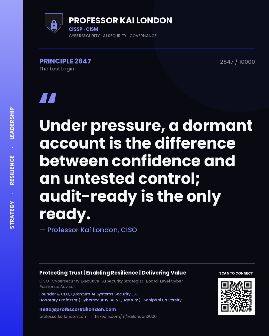 Quote card by Professor Kai London reading 'Under pressure, a dormant account is the difference between confidence and an untested control; audit-ready is the only ready.'. From the book The Last Login.