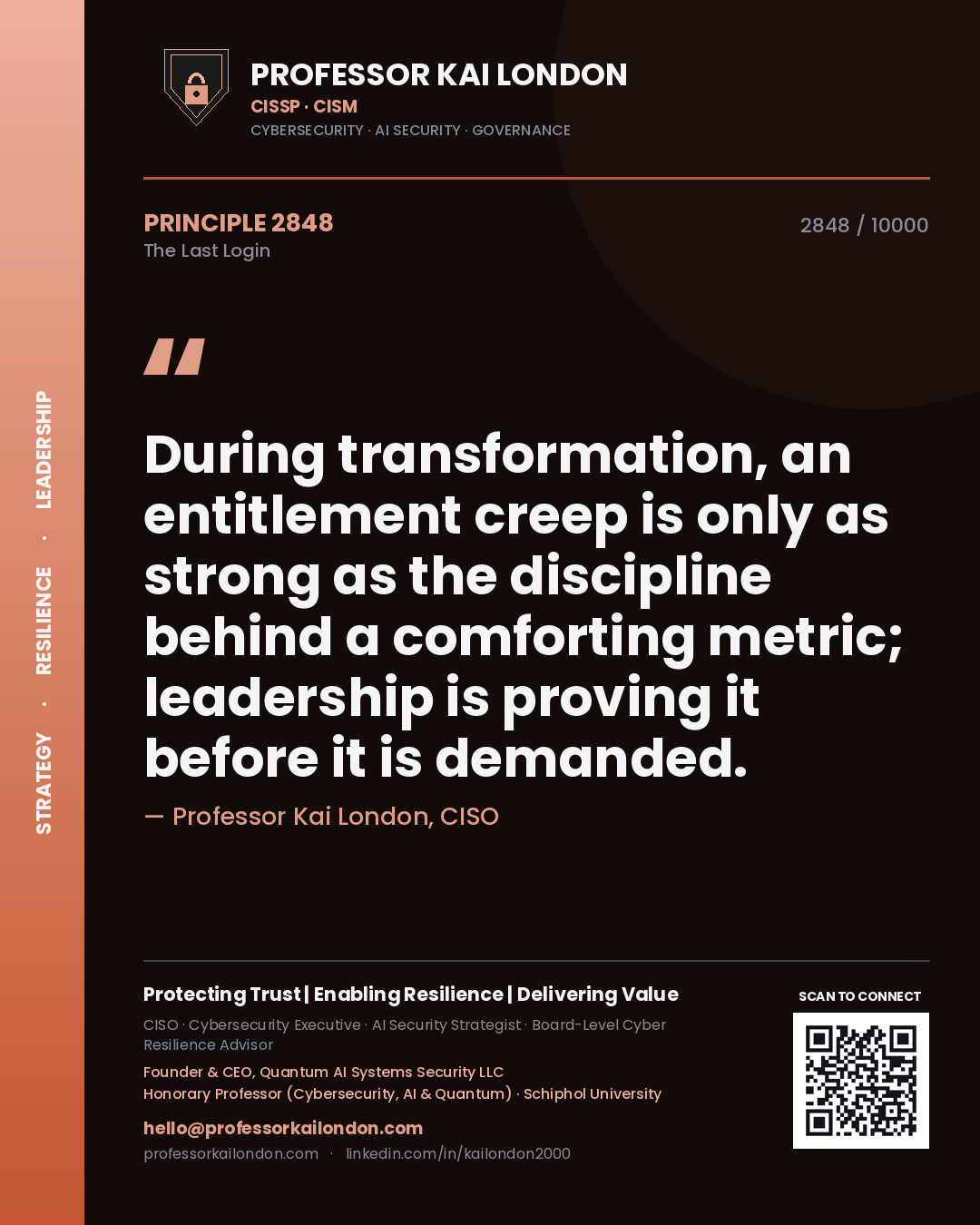 Professor Kai London principle 2848: During transformation, an entitlement creep is only as strong as the discipline behind a comforting metric; leadership is proving it before it is demanded.