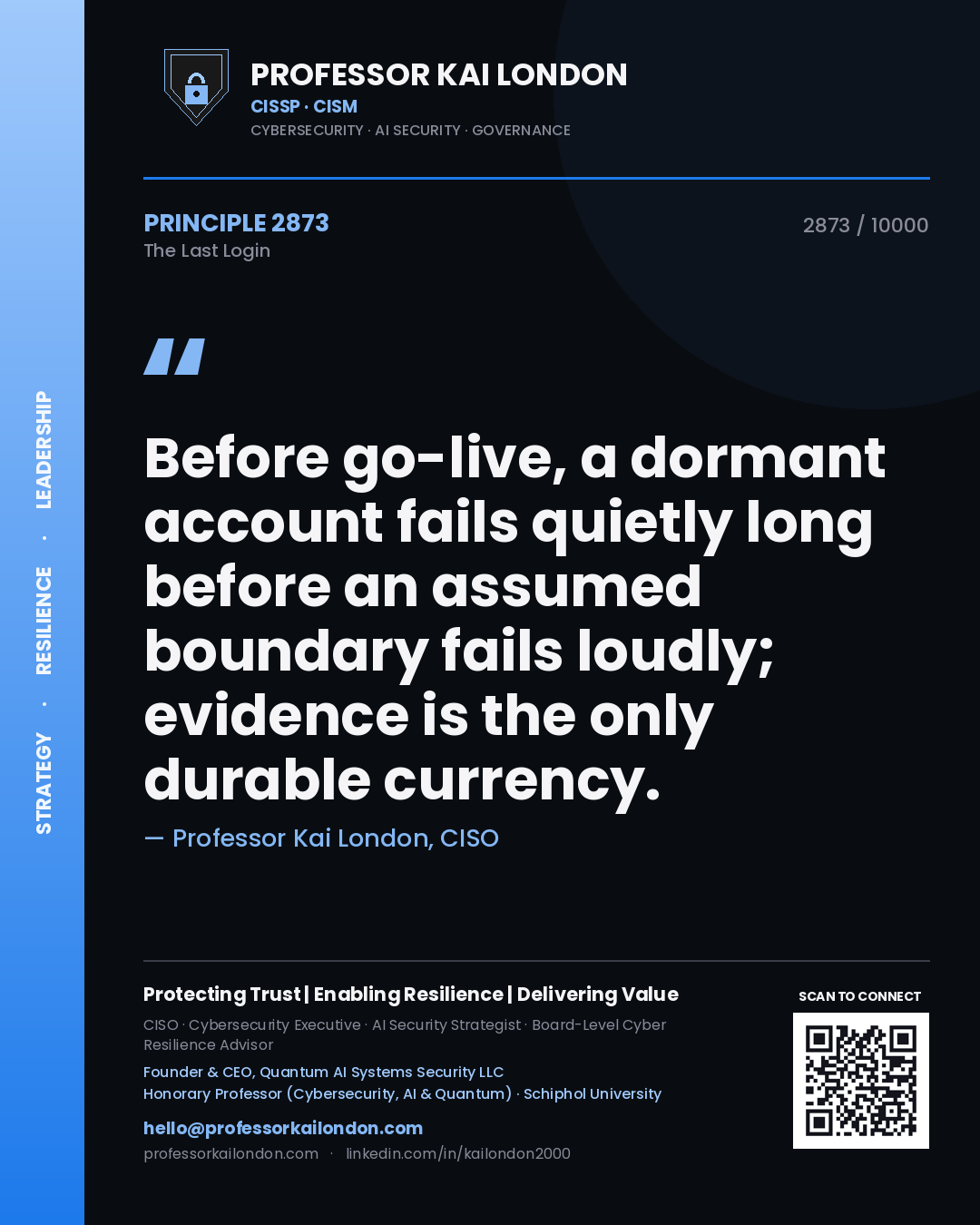 Professor Kai London principle 2873: Before go-live, a dormant account fails quietly long before an assumed boundary fails loudly; evidence is the only durable currency.