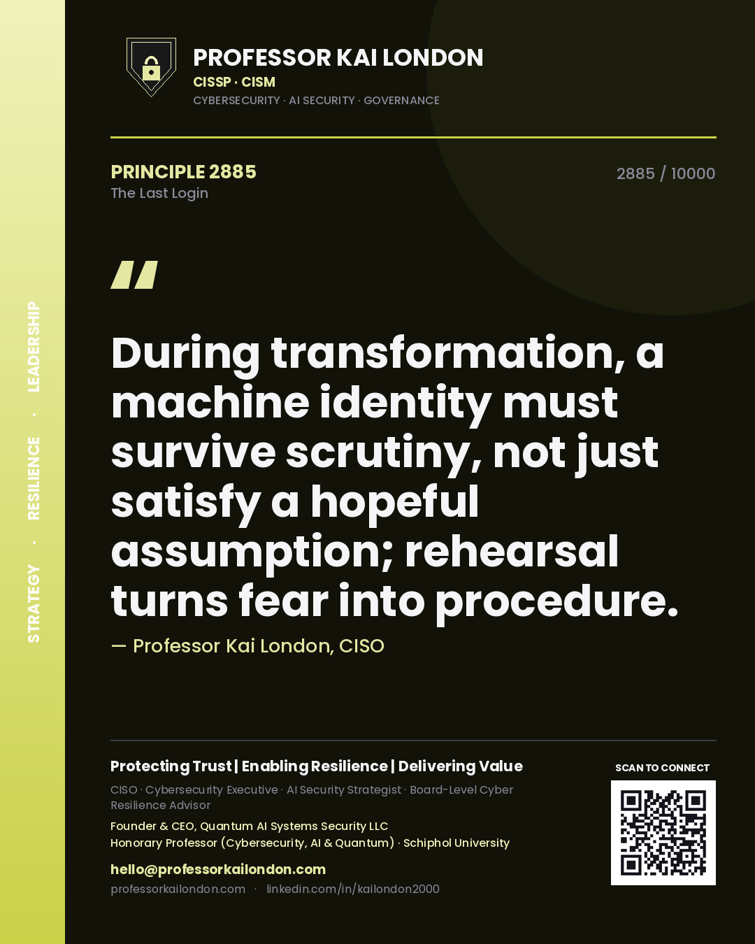 Quote card by Professor Kai London reading 'During transformation, a machine identity must survive scrutiny, not just satisfy a hopeful assumption; rehearsal turns fear into procedure.'. From the book The Last Login.
