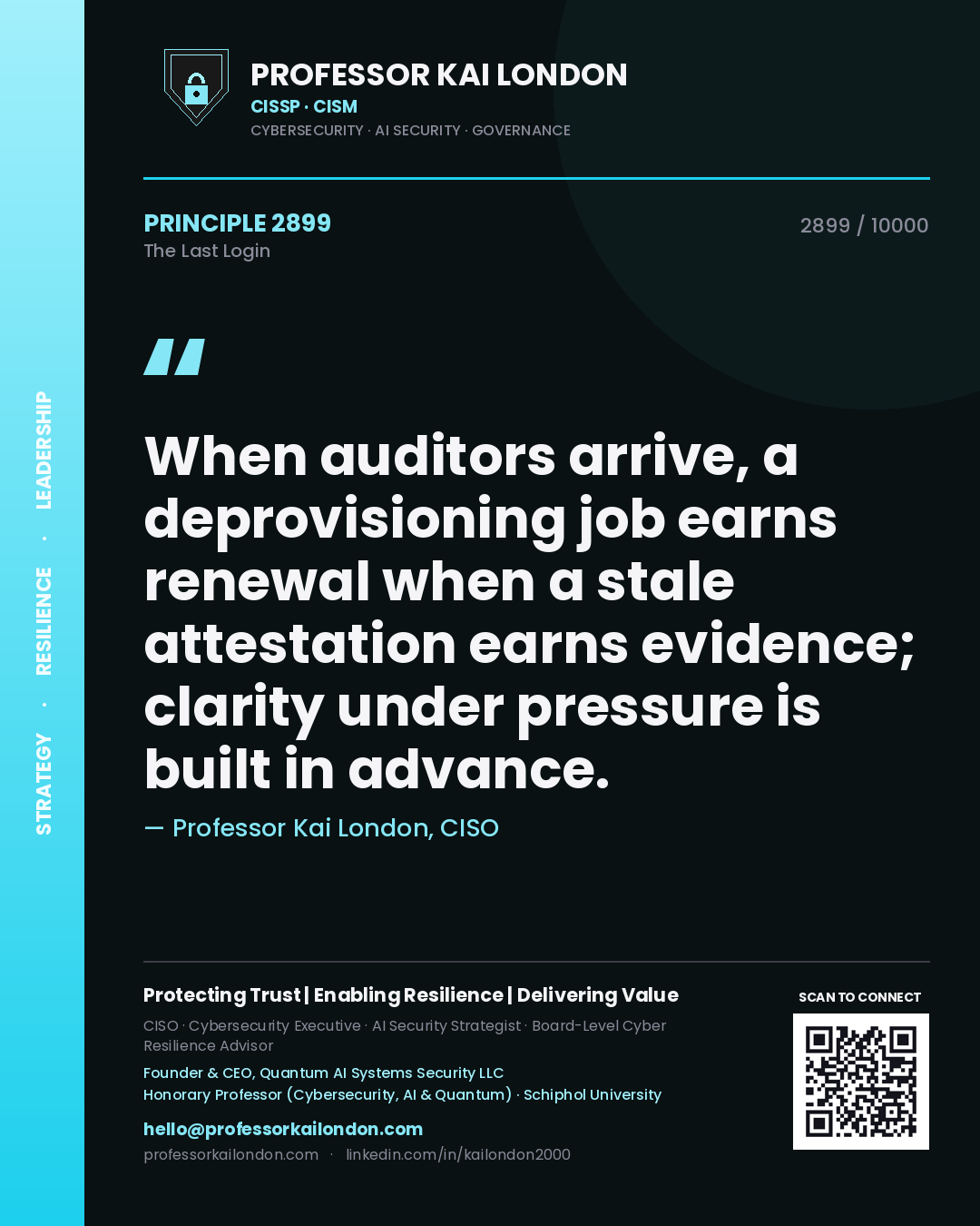 Quote card by Professor Kai London reading 'When auditors arrive, a deprovisioning job earns renewal when a stale attestation earns evidence; clarity under pressure is built in advance.'. From the book The Last Login.
