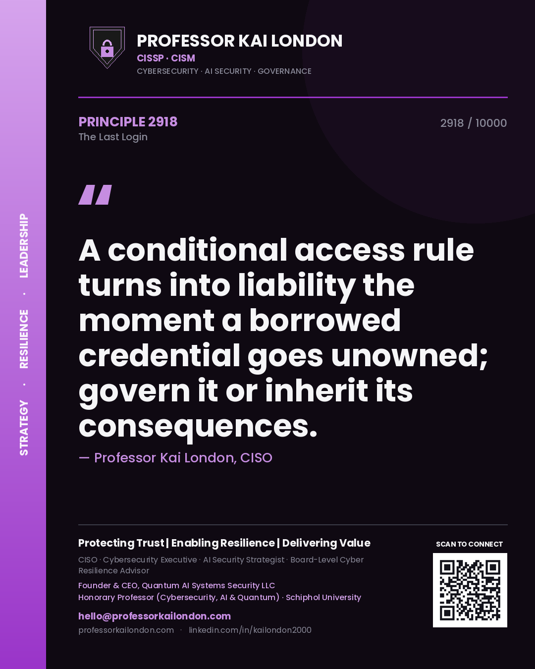 Professor Kai London principle 2918: A conditional access rule turns into liability the moment a borrowed credential goes unowned; govern it or inherit its consequences.