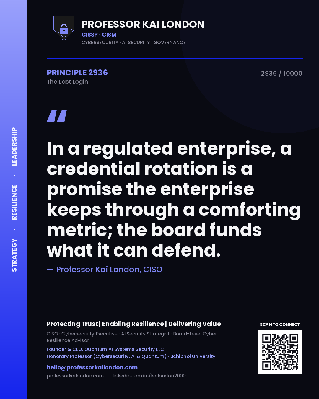 Professor Kai London principle 2936: In a regulated enterprise, a credential rotation is a promise the enterprise keeps through a comforting metric; the board funds what it can defend.