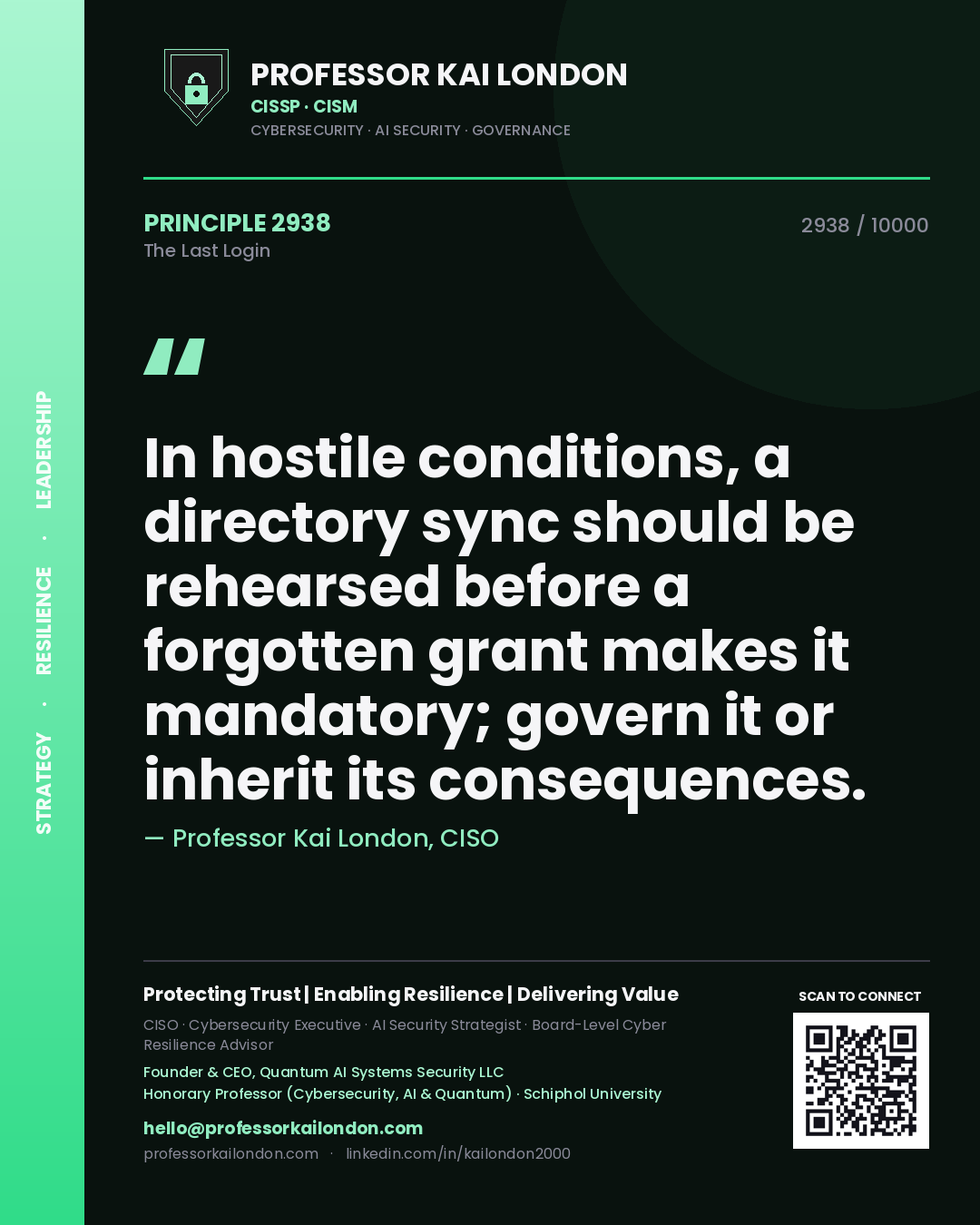 Professor Kai London principle 2938: In hostile conditions, a directory sync should be rehearsed before a forgotten grant makes it mandatory; govern it or inherit its consequences.